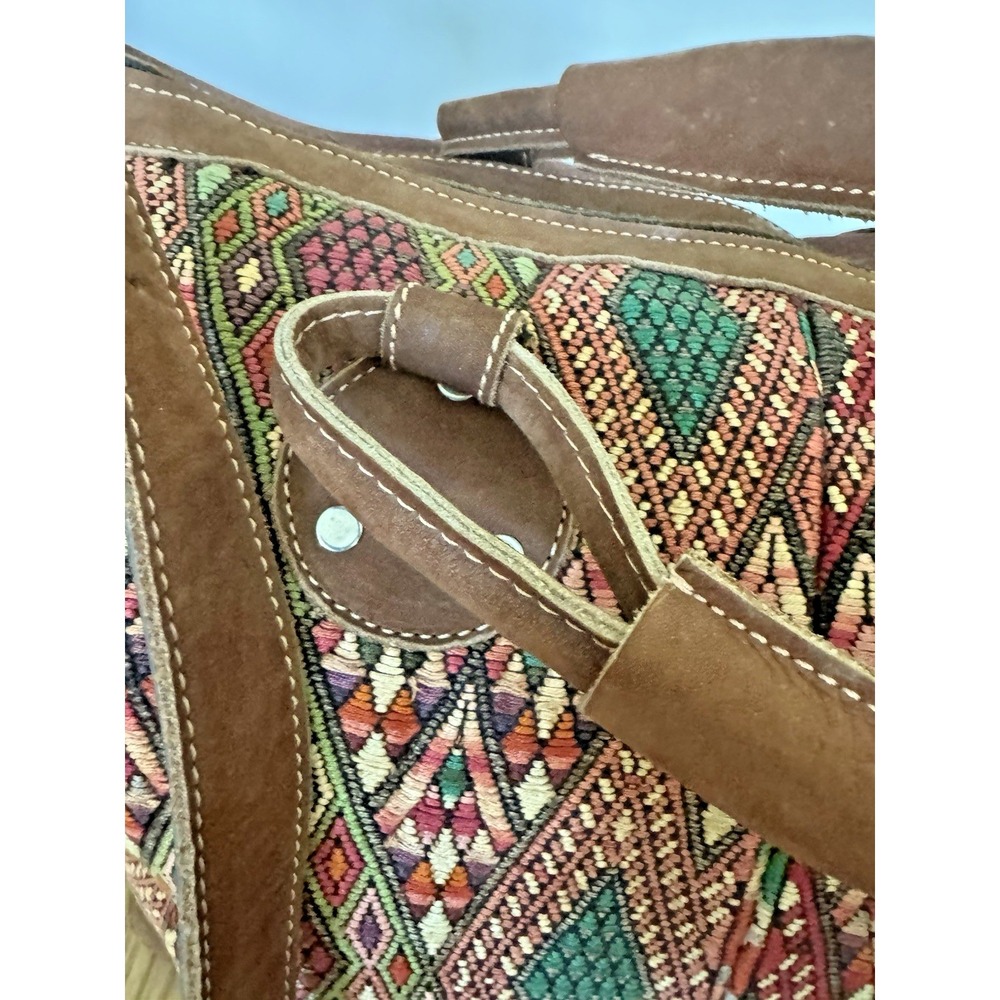 Vintage Guatemalan Artisan Handmade Woven Cotton Huipil & Leather Bag Oversized - Picture 7 of 13